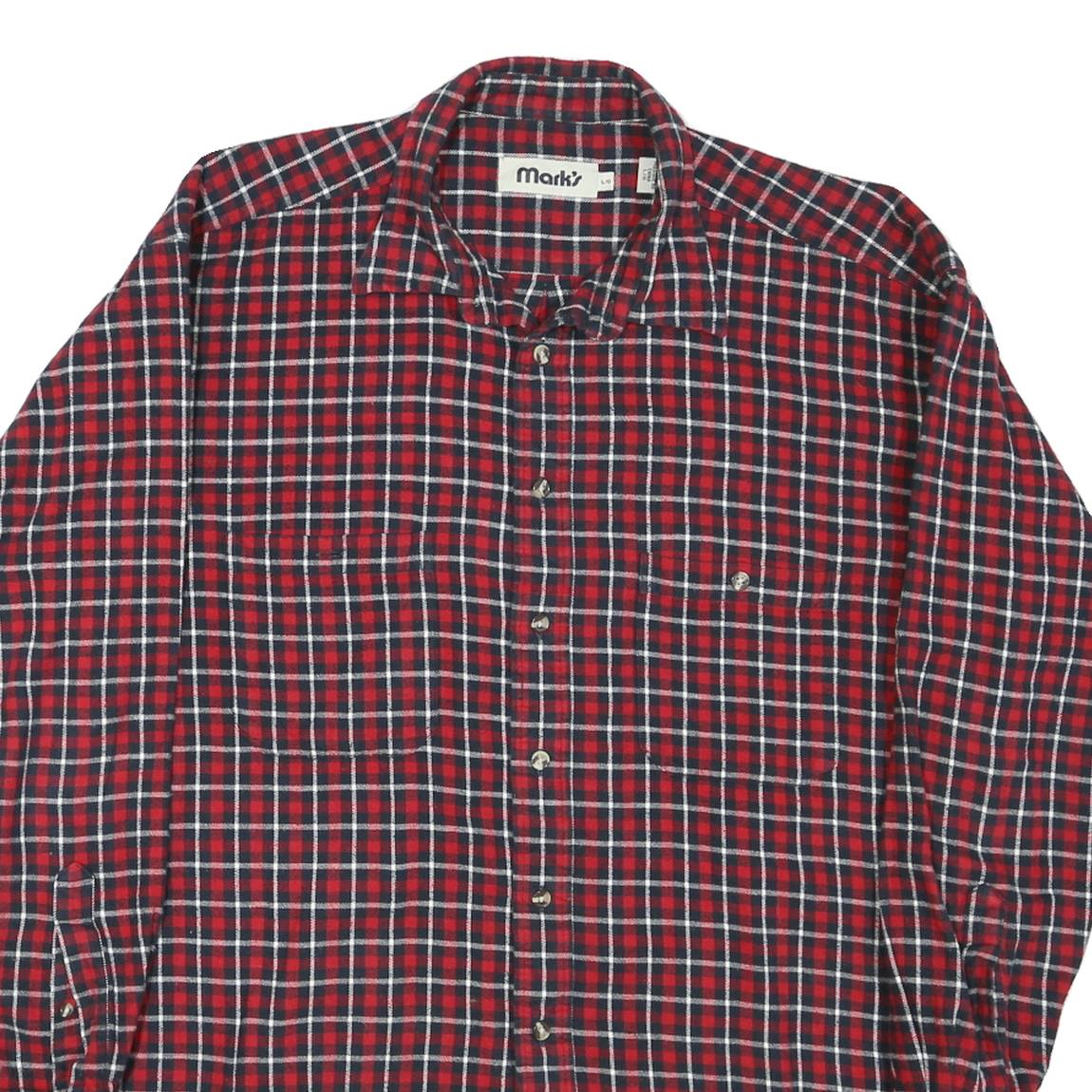MARKS Mens Red & Blue Checked Shirt L Long Sleeve Cotton Casual Button Front