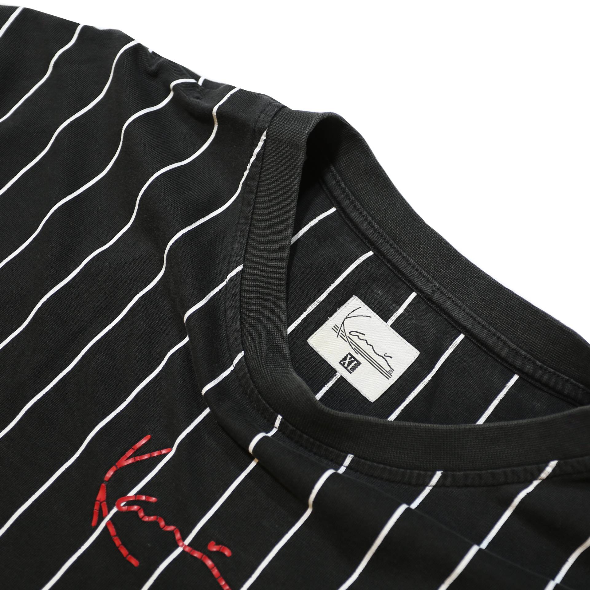 KARL KANI Mens Black & White Pinstripe Graphic T-Shirt XL Short Sleeve Crew Neck