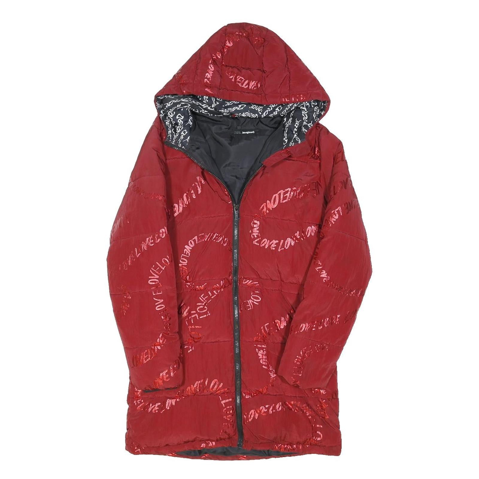 DESIGUAL Girls Red Zip Jacket 14Y Polyester Blend Hooded Love Pattern