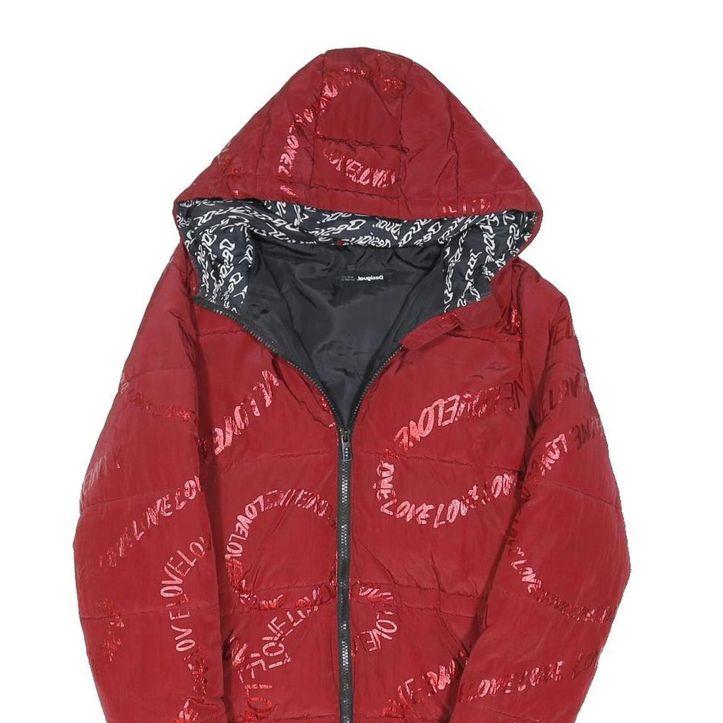 DESIGUAL Girls Red Zip Jacket 14Y Polyester Blend Hooded Love Pattern