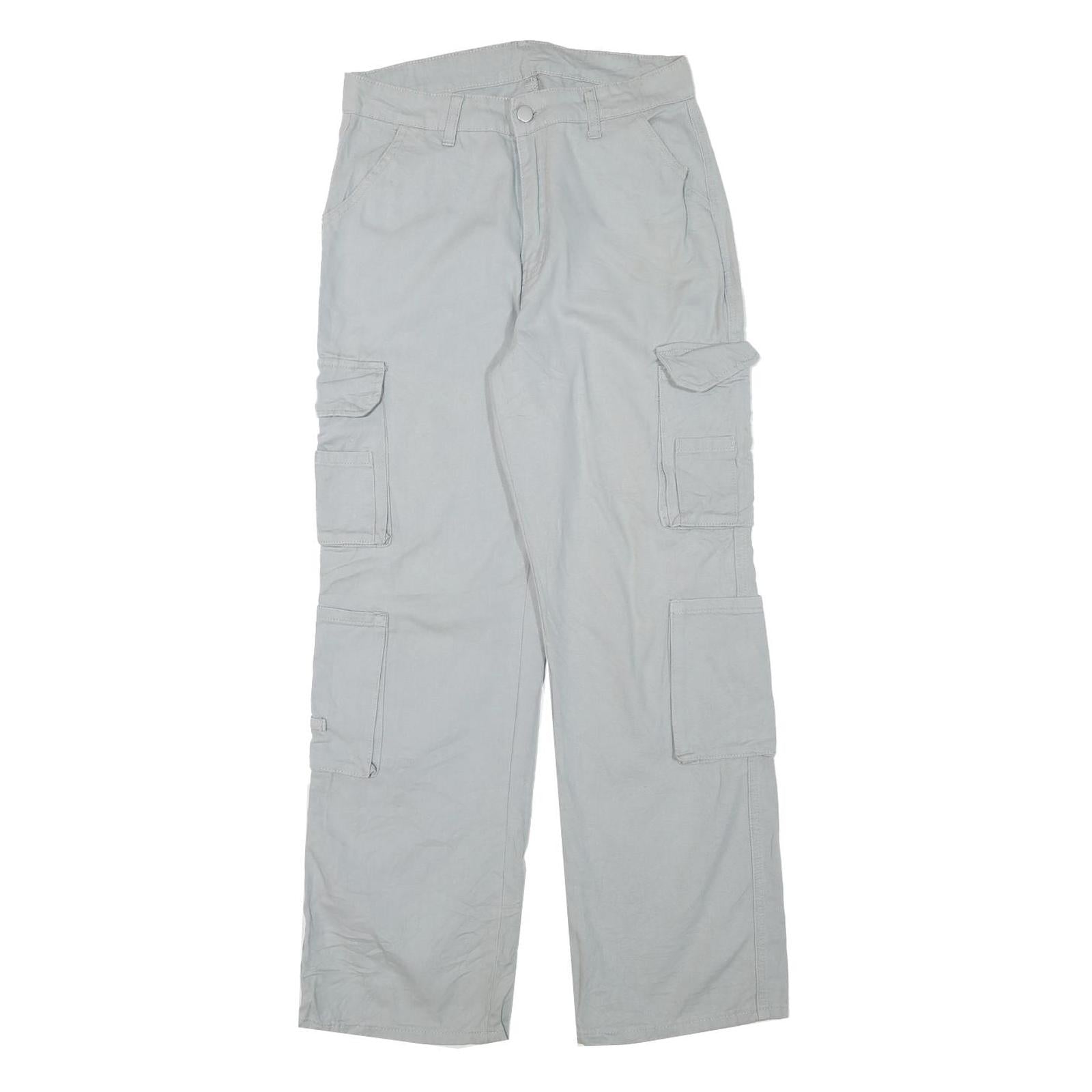 Mens Cotton Blend Relaxed Cargo Trousers Light Grey W28 L29 Durable Zip Fit