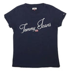 TOMMY JEANS Womens Navy Blue Script Logo T-Shirt L Short Sleeve Crew Neck