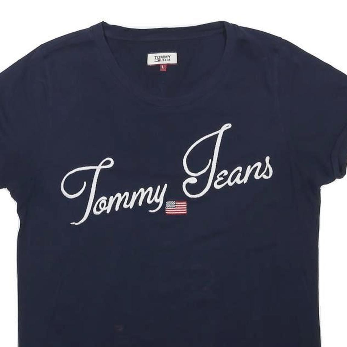 TOMMY JEANS Womens Navy Blue Script Logo T-Shirt L Short Sleeve Crew Neck
