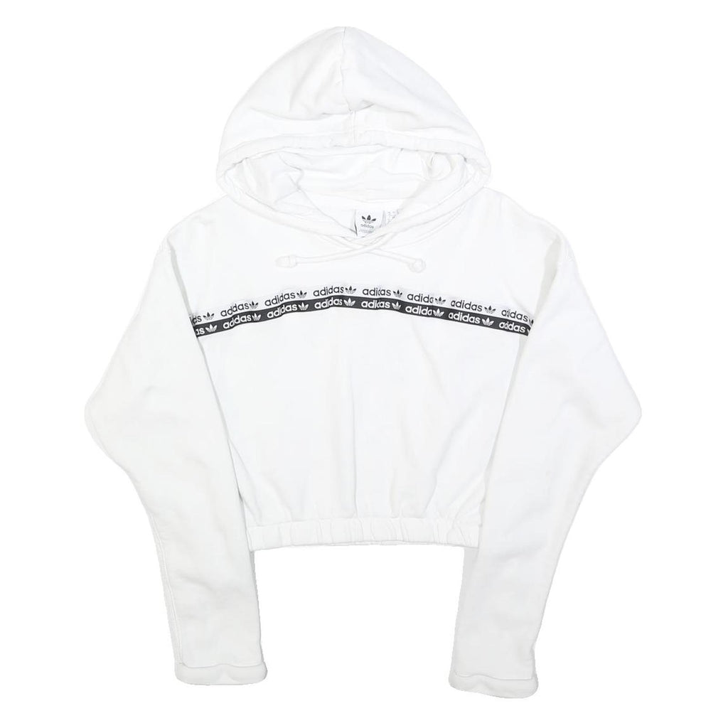 ADIDAS Womens White Cotton Blend Pullover Hoodie UK 10 Cropped Logo Tape