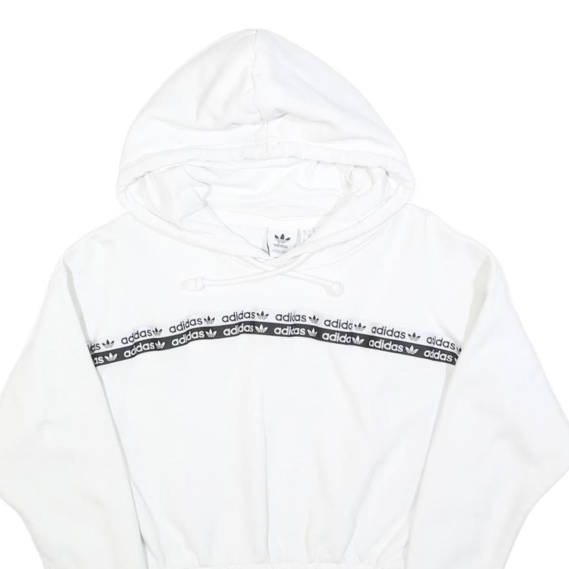 ADIDAS Womens White Cotton Blend Pullover Hoodie UK 10 Cropped Logo Tape