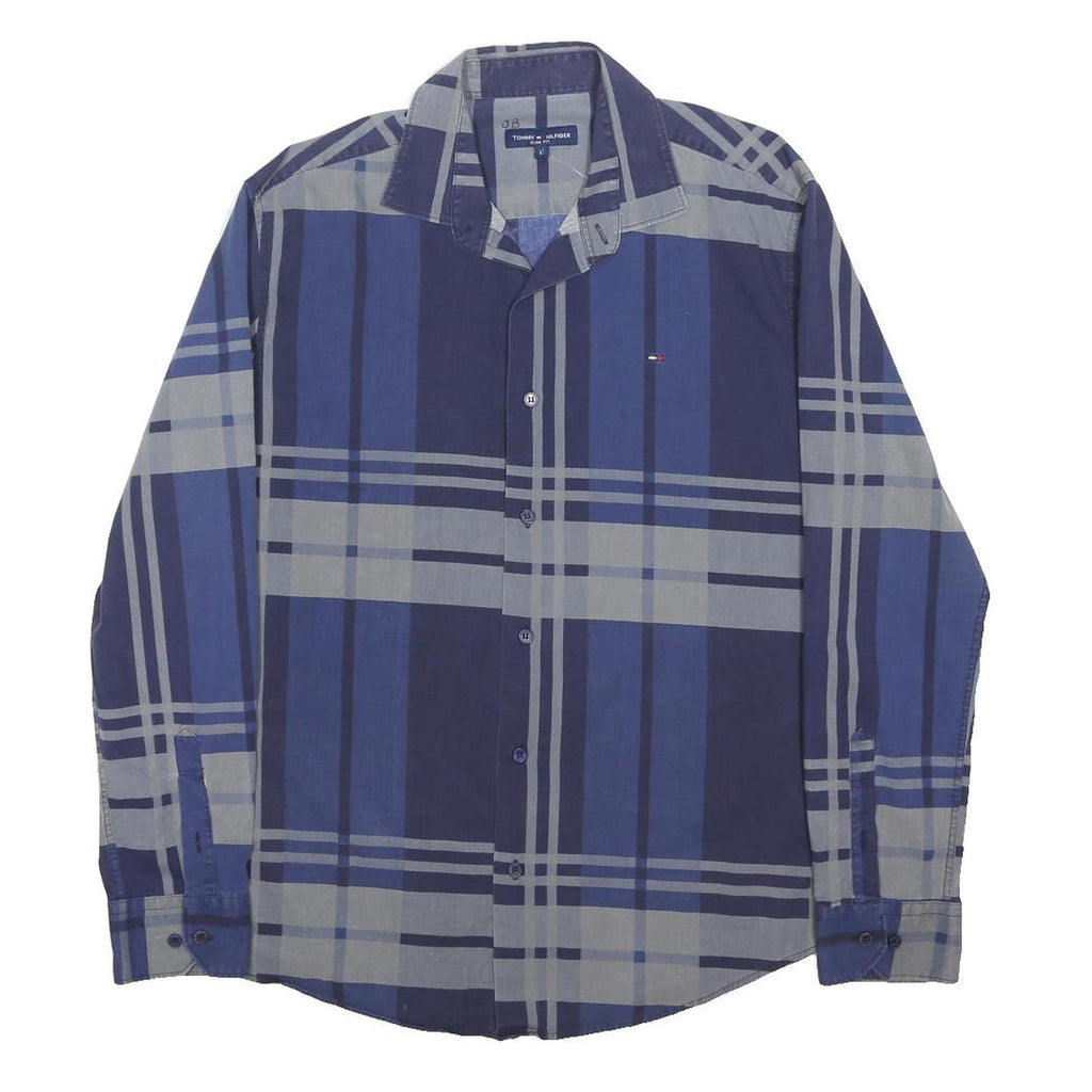 TOMMY HILFIGER Mens Blue & Grey Check Shirt L Cotton Blend Long Sleeve Button