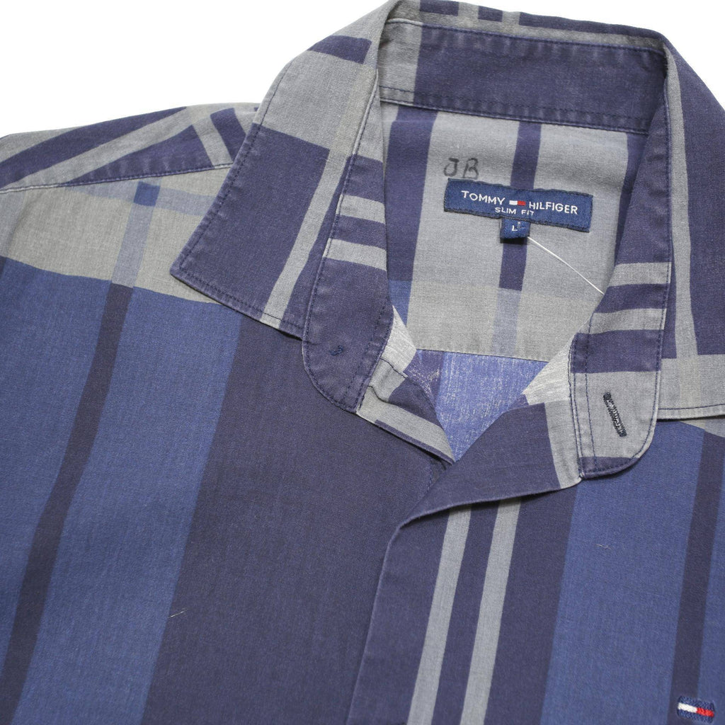 TOMMY HILFIGER Mens Blue & Grey Check Shirt L Cotton Blend Long Sleeve Button