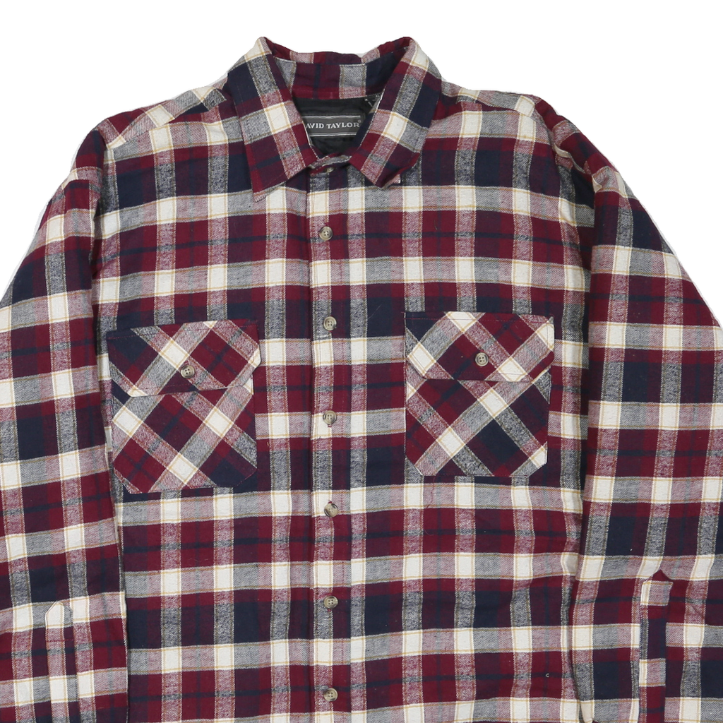 DAVID TAYLOR Mens Red & Navy Check Shirt XL Cotton Blend Long Sleeve Casual
