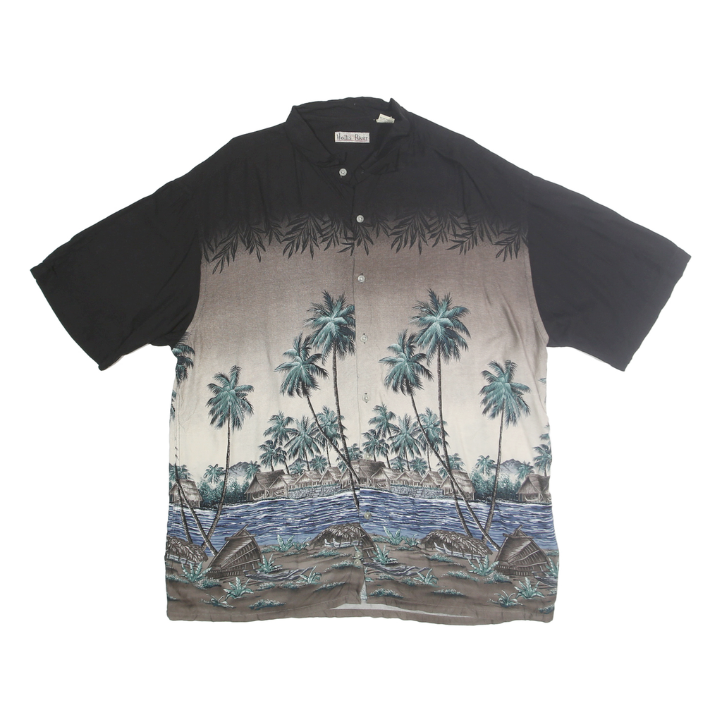 HOLLIS RIVER Mens Black & Taupe Rayon XL Hawaiian Shirt Tropical Palm Print