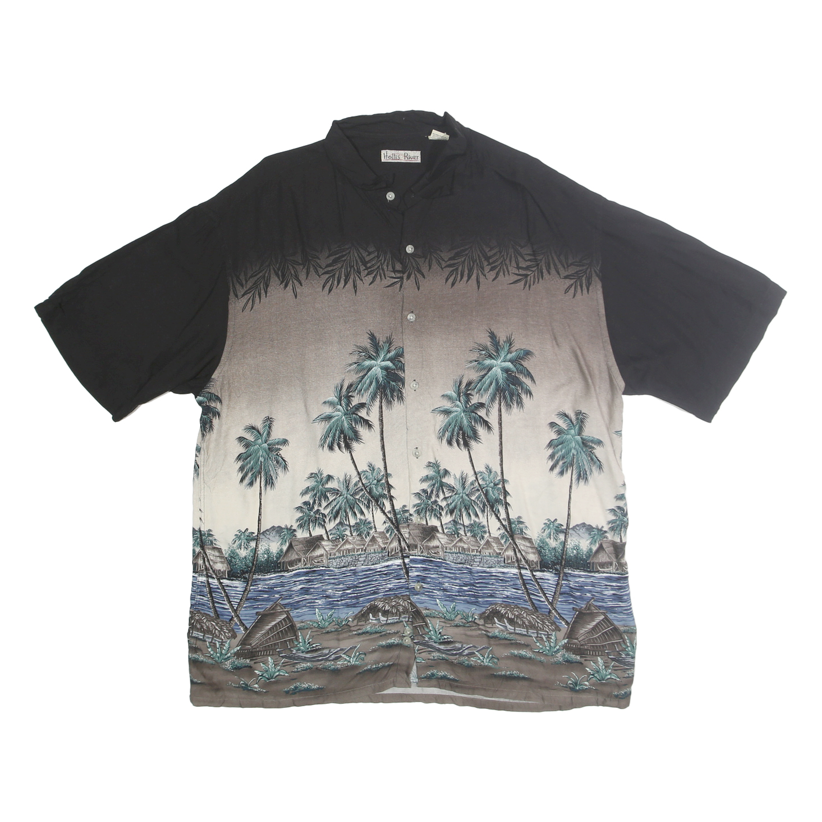 HOLLIS RIVER Mens Black & Taupe Rayon XL Hawaiian Shirt Tropical Palm Print