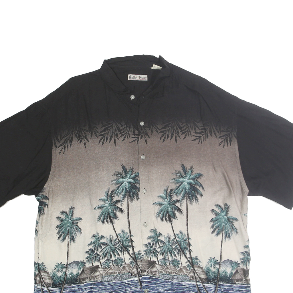 HOLLIS RIVER Mens Black & Taupe Rayon XL Hawaiian Shirt Tropical Palm Print