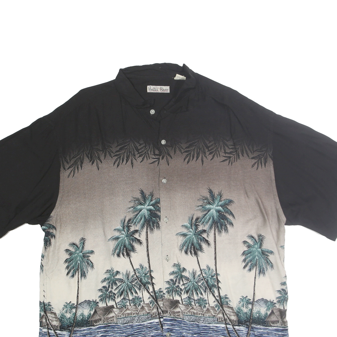 HOLLIS RIVER Mens Black & Taupe Rayon XL Hawaiian Shirt Tropical Palm Print