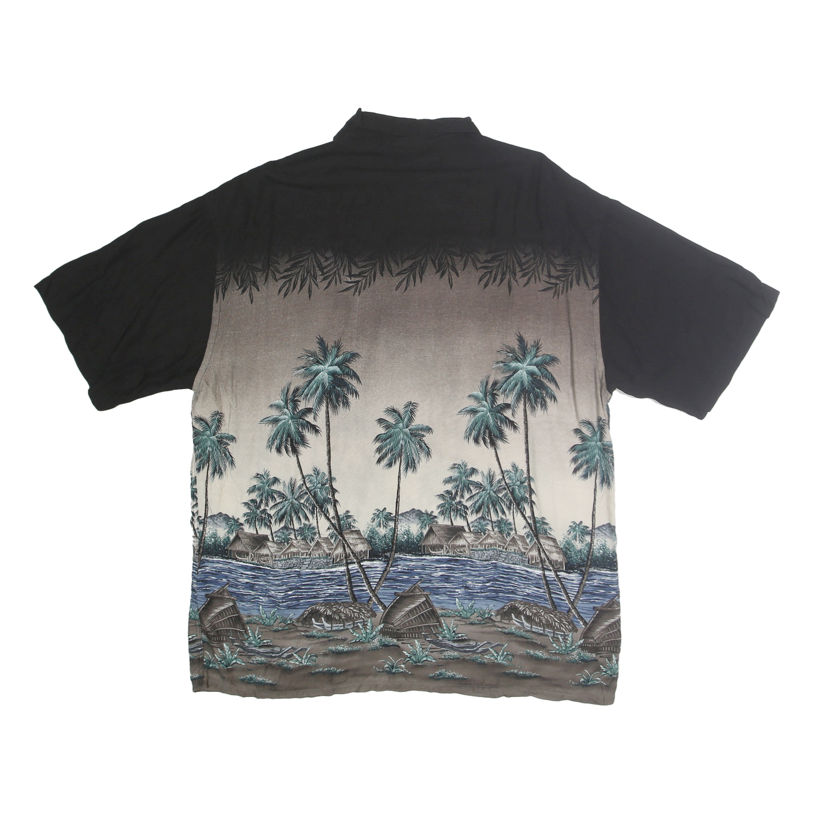 HOLLIS RIVER Mens Black & Taupe Rayon XL Hawaiian Shirt Tropical Palm Print