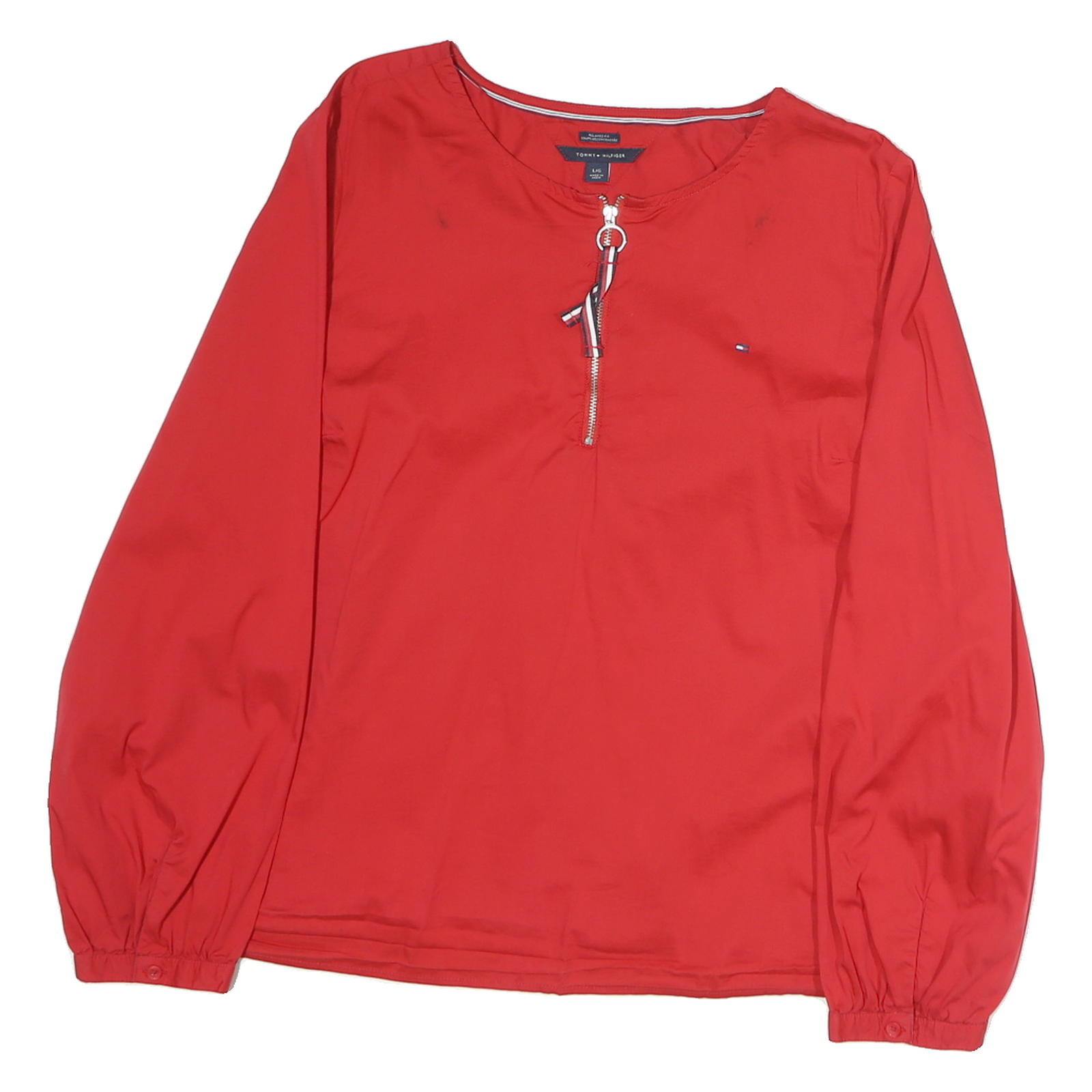 TOMMY HILFIGER Womens Red Cotton Top Long Sleeve Round Neck S Zip Front Detail