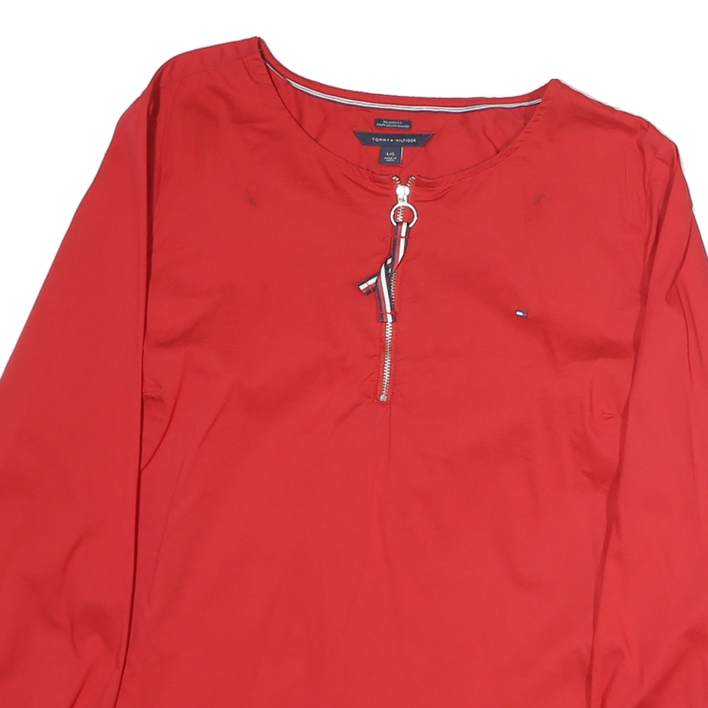 TOMMY HILFIGER Womens Red Cotton Top Long Sleeve Round Neck S Zip Front Detail