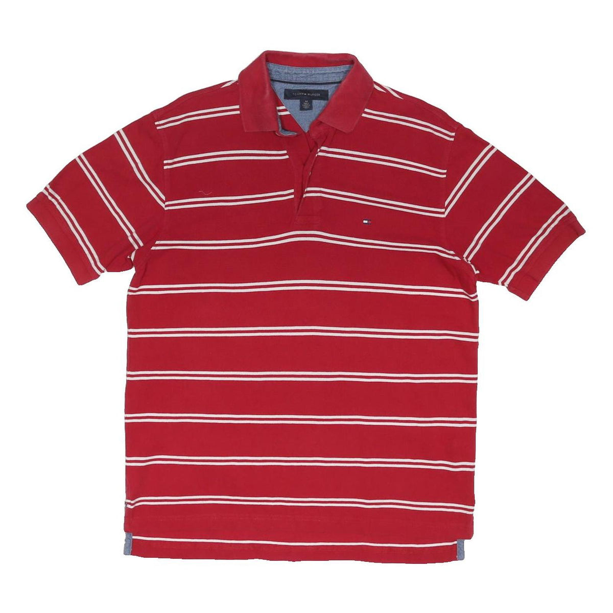 TOMMY HILFIGER Mens Red & White Striped Short Sleeve Polo Shirt M Cotton Blend