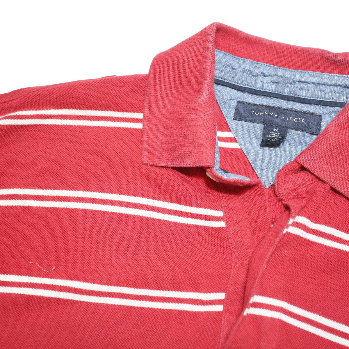 TOMMY HILFIGER Mens Red & White Striped Short Sleeve Polo Shirt M Cotton Blend