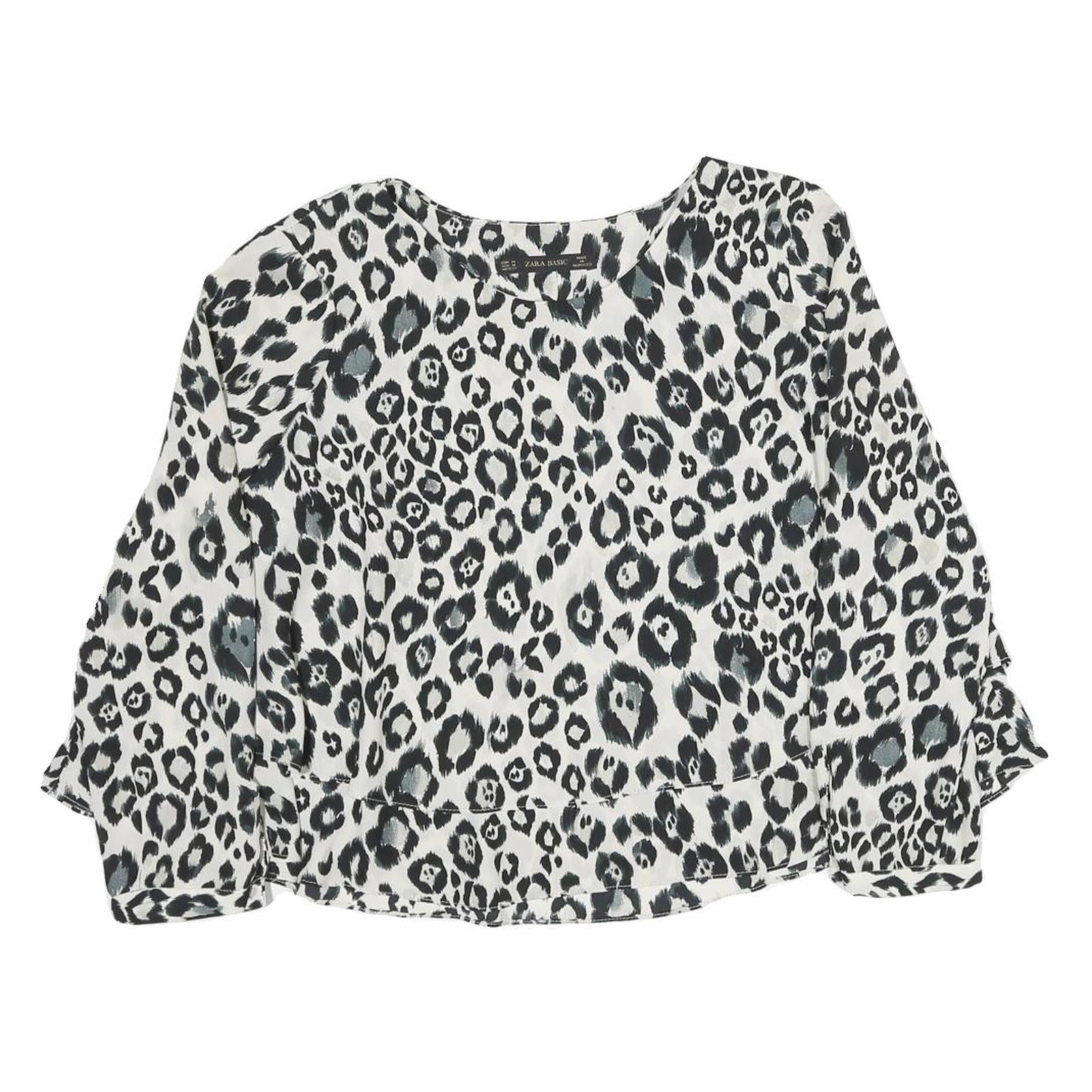 ZARA Womens Black & White Leopard Print Blouse Long Sleeve Round Neck M Stylish