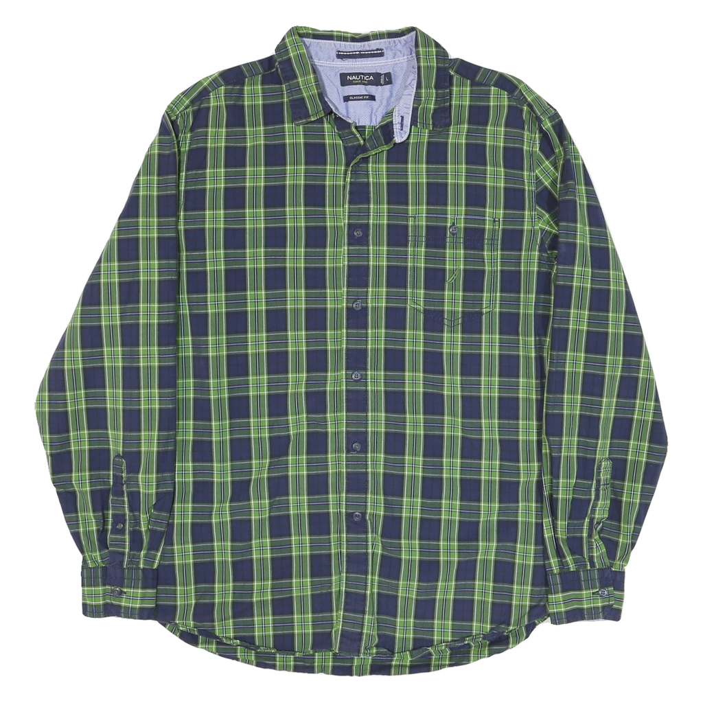 NAUTICA Mens Blue & Green Check Shirt L Classic Fit Button Down Cotton Blend