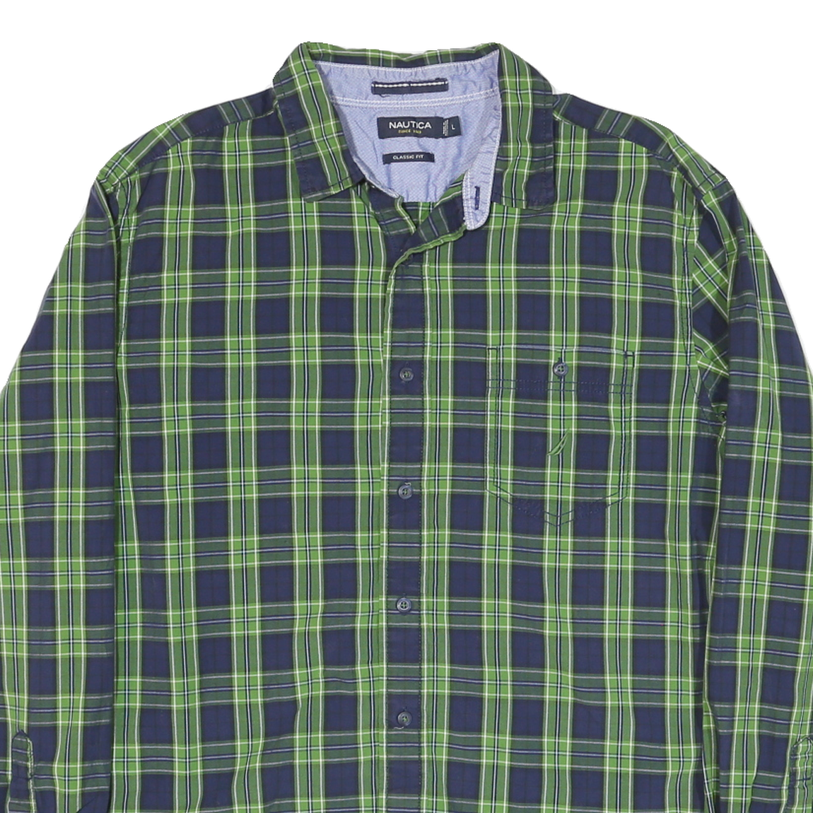 NAUTICA Mens Blue & Green Check Shirt L Classic Fit Button Down Cotton Blend