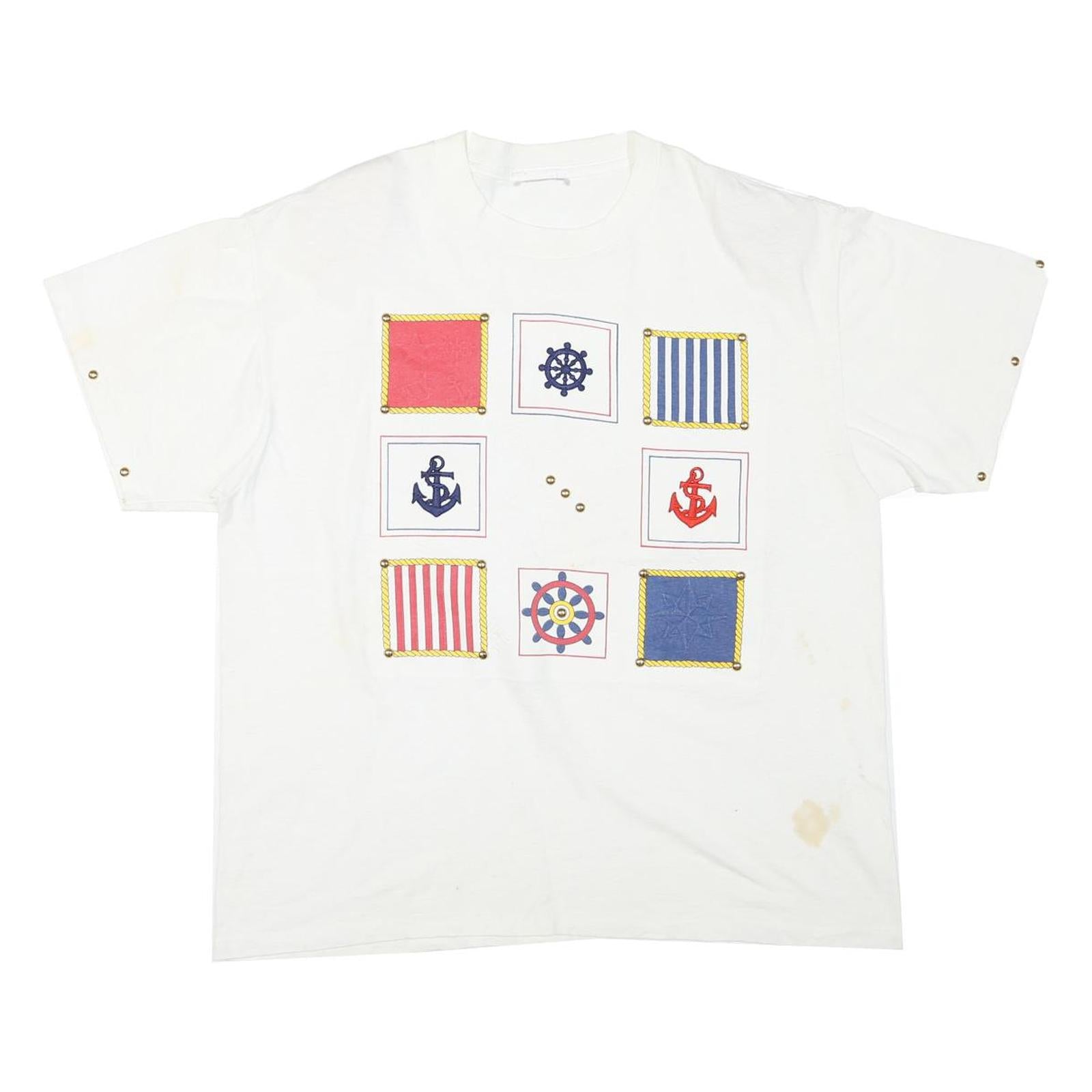 Womens White Cotton Blend Graphic T-Shirt L Short Sleeve Crew Neck Nautical