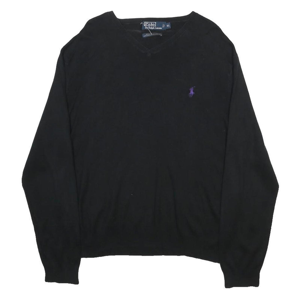 POLO RALPH LAUREN Mens Black Plain Cotton V-Neck Basic Knit Jumper XL