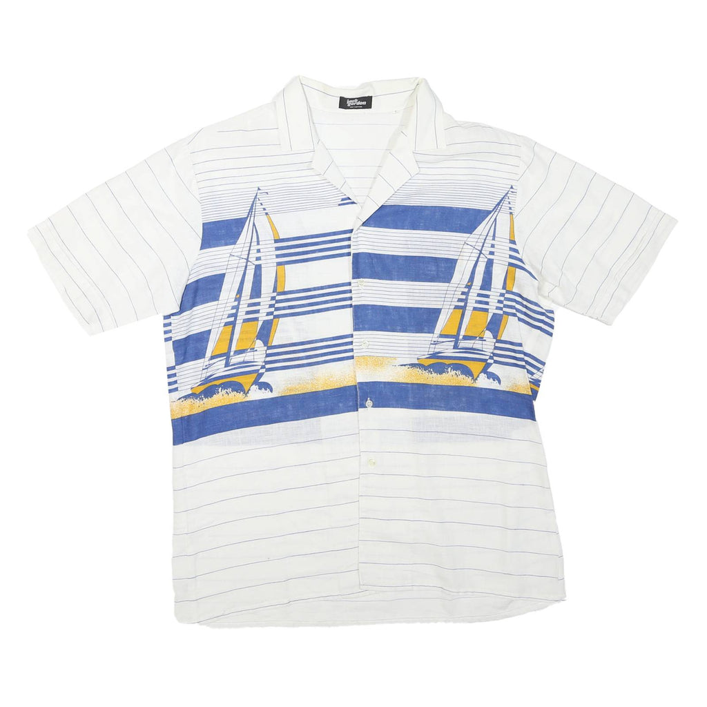 JACK GORDON Mens White & Blue Nautical Sailing Print Cotton Blend Shirt L Casual