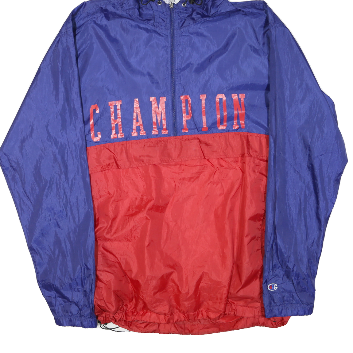 CHAMPION Mens Blue & Red Zip Up Hooded Windbreaker XL Polyester Blend