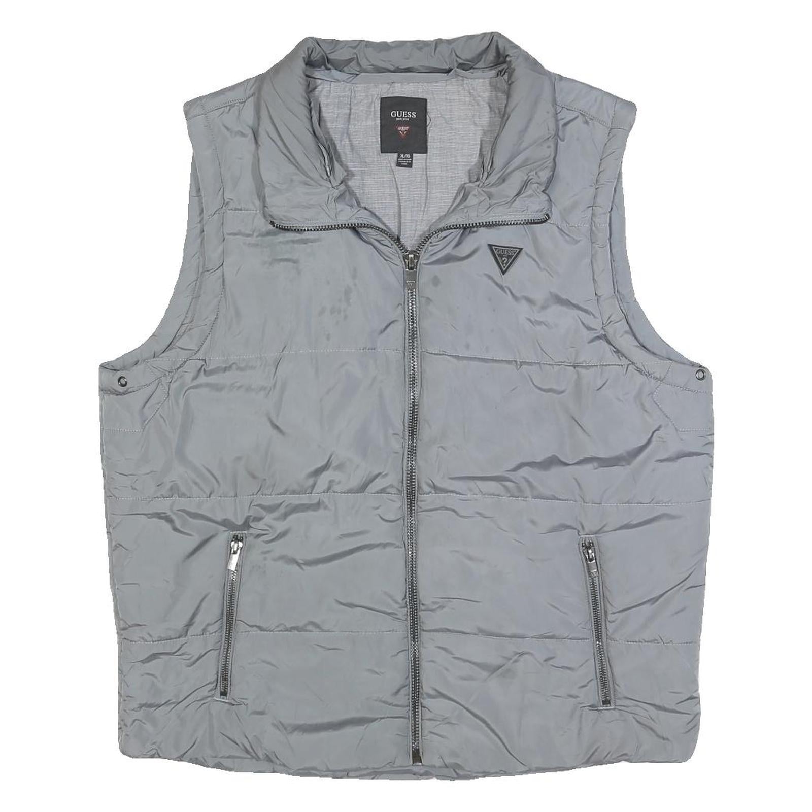 GUESS Mens Grey Zip Jacket XL Polyester Blend Plain Sleeveless Casual