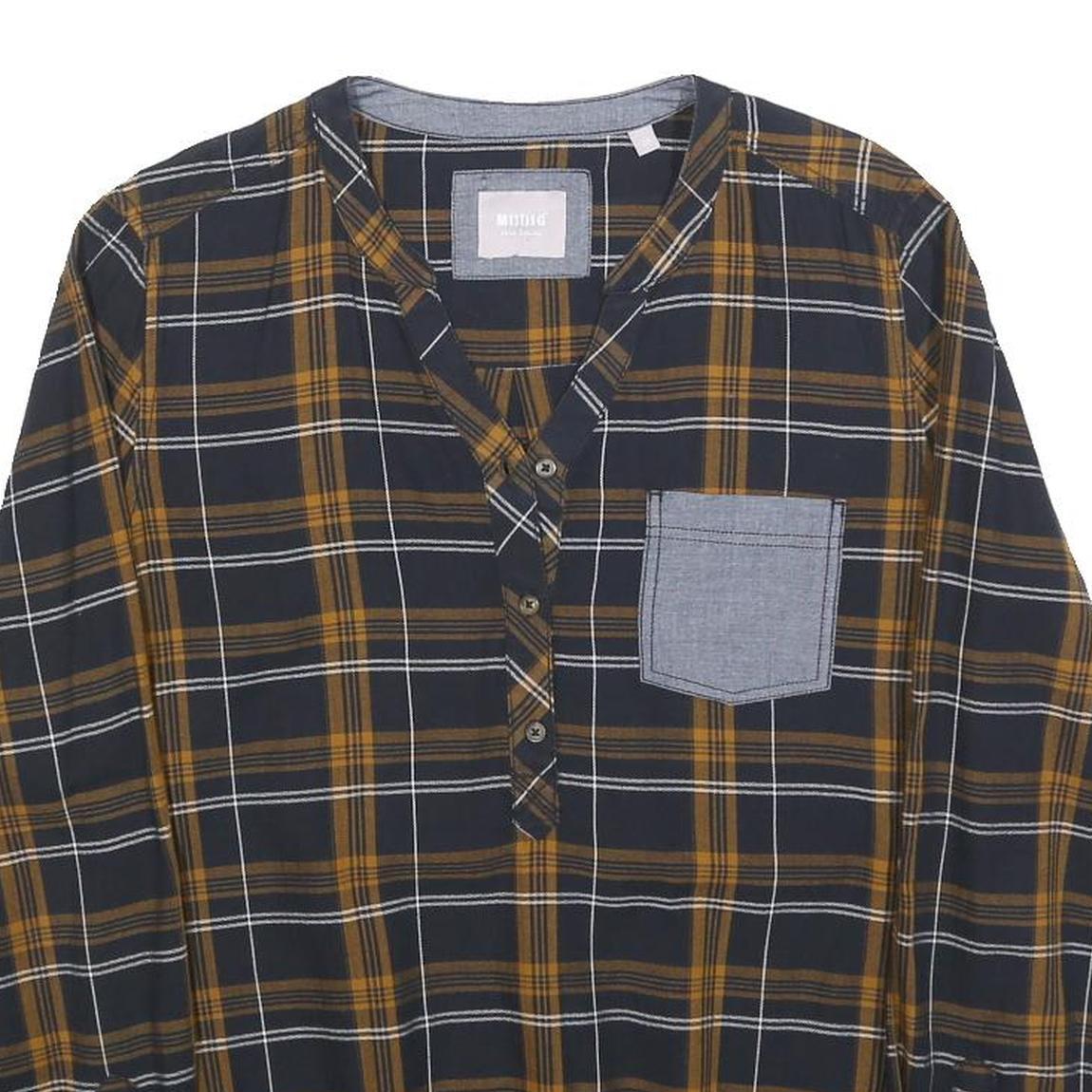 MUSTANG Womens Black & Yellow Checked Shirt Long Sleeve V-Neck Button S Casual