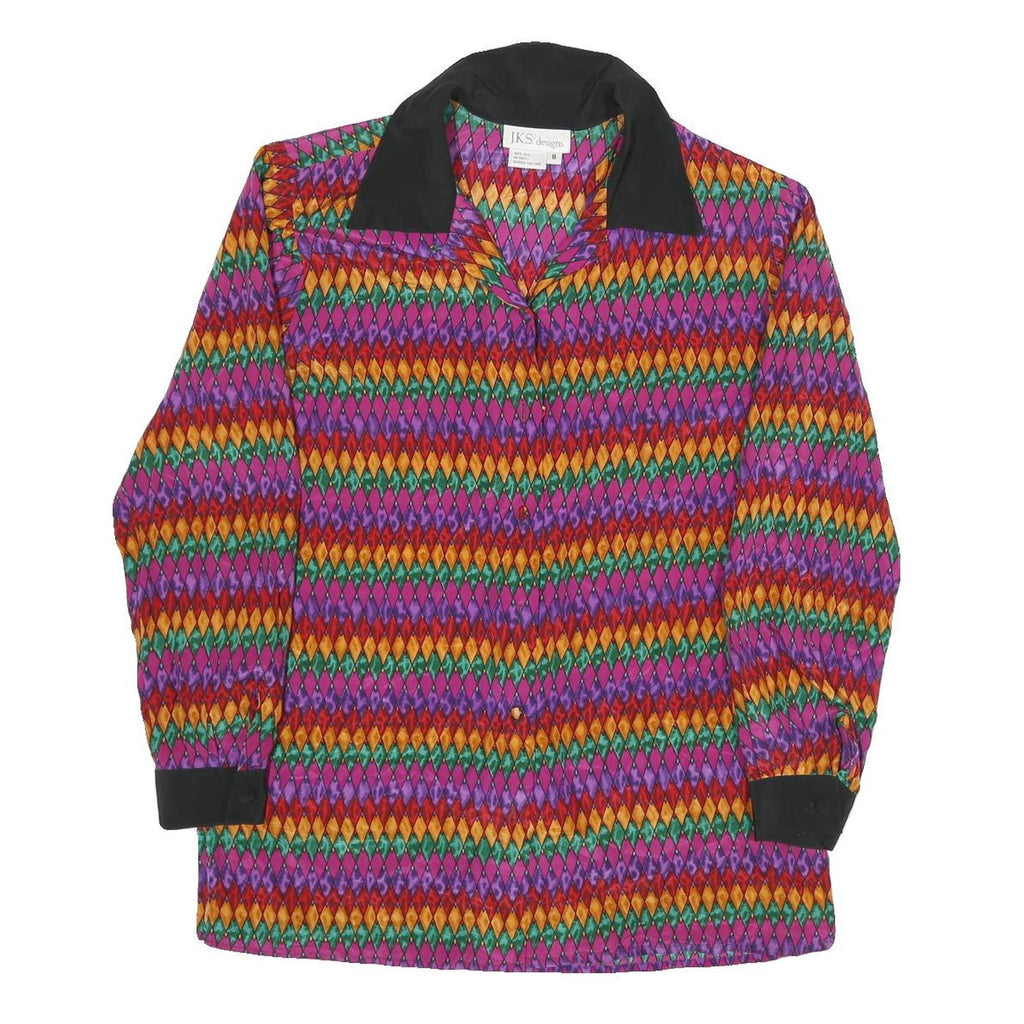JKS DESIGN Womens Purple Orange Green Printed Long Sleeve Collared Silk Shirt UK