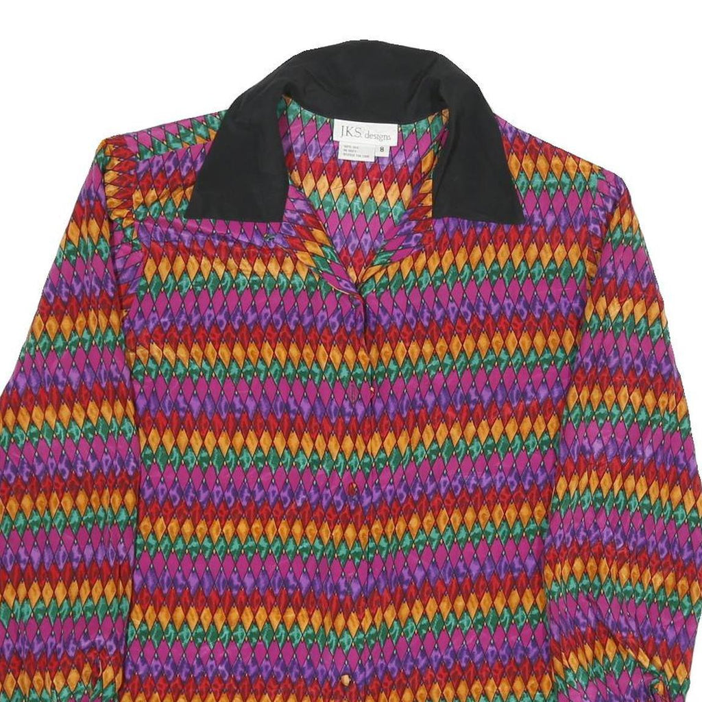 JKS DESIGN Womens Purple Orange Green Printed Long Sleeve Collared Silk Shirt UK