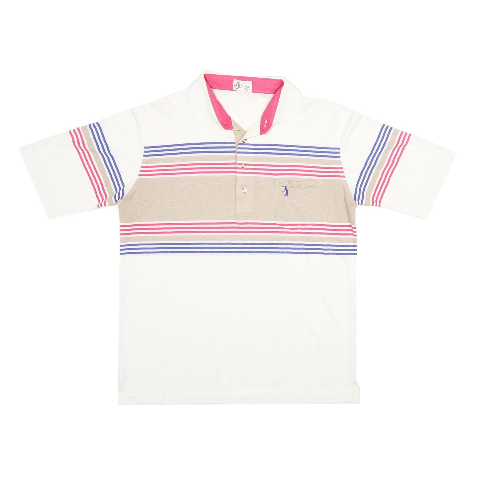 CANADIAN OPEN Mens White & Beige Striped XL Cotton Blend Polo Shirt Short Sleeve
