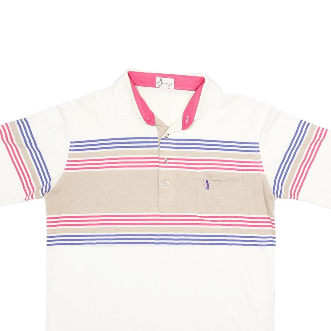CANADIAN OPEN Mens White & Beige Striped XL Cotton Blend Polo Shirt Short Sleeve