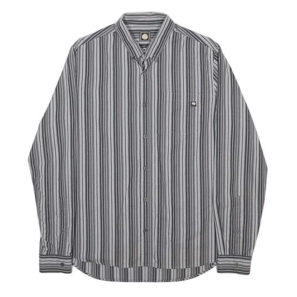 PRETTY GREEN Mens Grey Striped Shirt M Cotton Classic Button-Down Collar Long