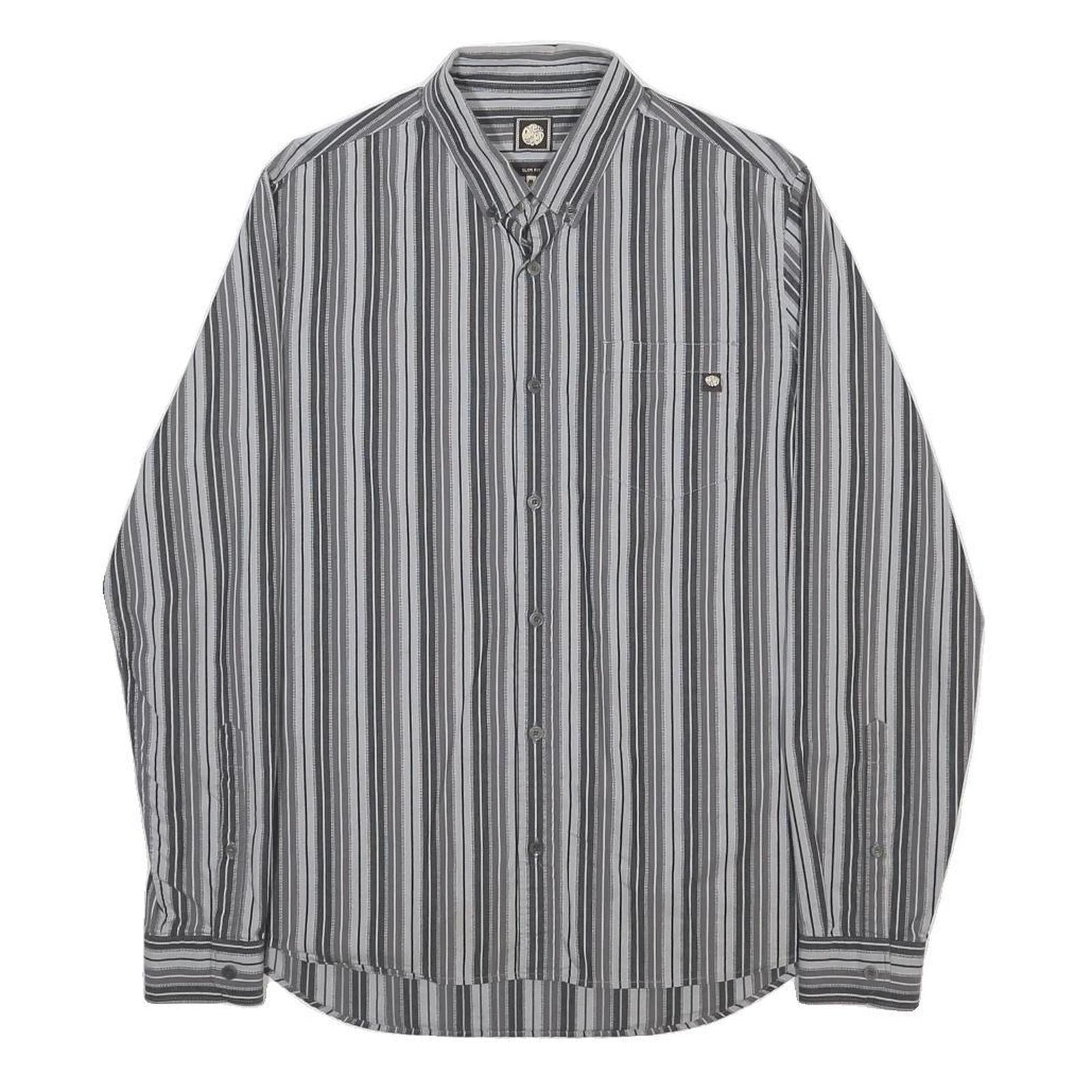 PRETTY GREEN Mens Grey Striped Shirt M Cotton Classic Button-Down Collar Long