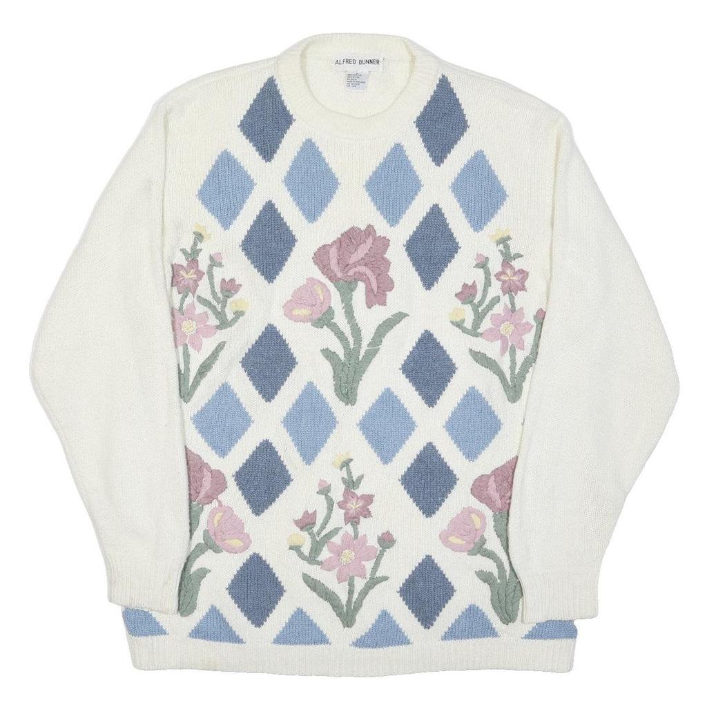 ALFRED DUNNER Womens Cream Blue Patterned Jumper Round Neck Basic Knit L Floral