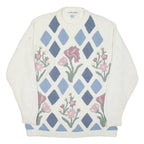 ALFRED DUNNER Womens Cream Blue Patterned Jumper Round Neck Basic Knit L Floral