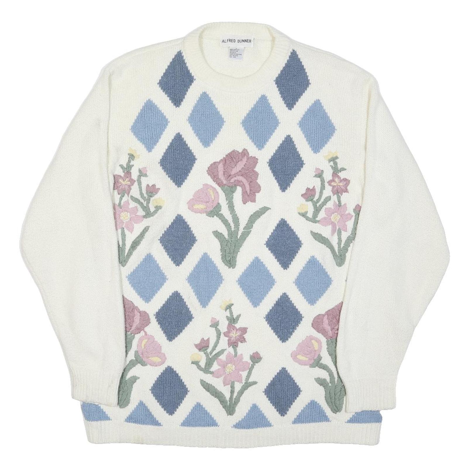 ALFRED DUNNER Womens Cream Blue Patterned Jumper Round Neck Basic Knit L Floral
