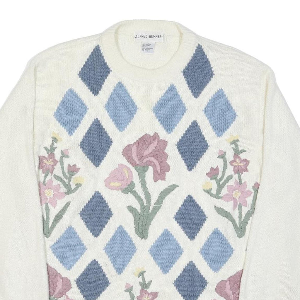 ALFRED DUNNER Womens Cream Blue Patterned Jumper Round Neck Basic Knit L Floral