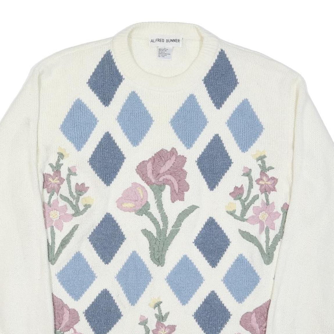 ALFRED DUNNER Womens Cream Blue Patterned Jumper Round Neck Basic Knit L Floral