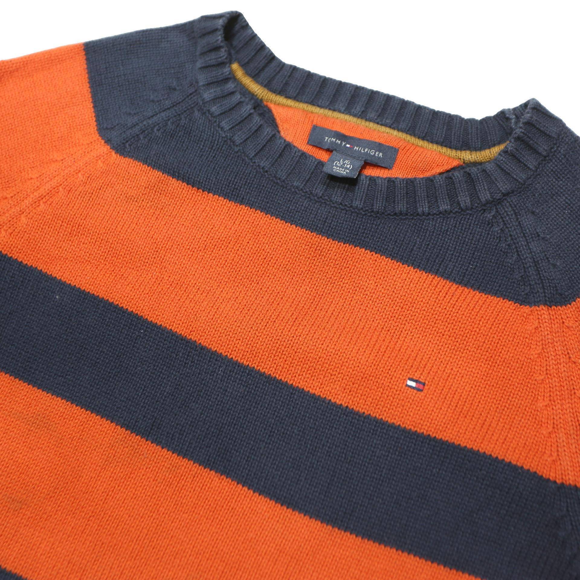 TOMMY HILFIGER Boys Navy & Orange Colourblock Patterned Cotton Jumper Crew Neck