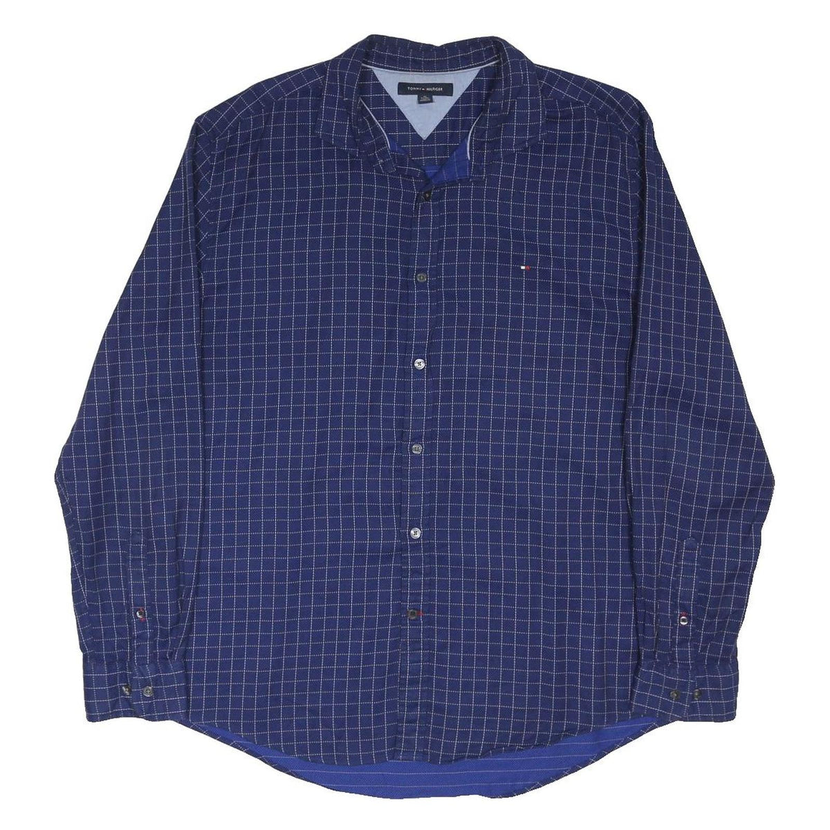 TOMMY HILFIGER Mens Blue Check Shirt XL Cotton Blend Long Sleeve Button Collar