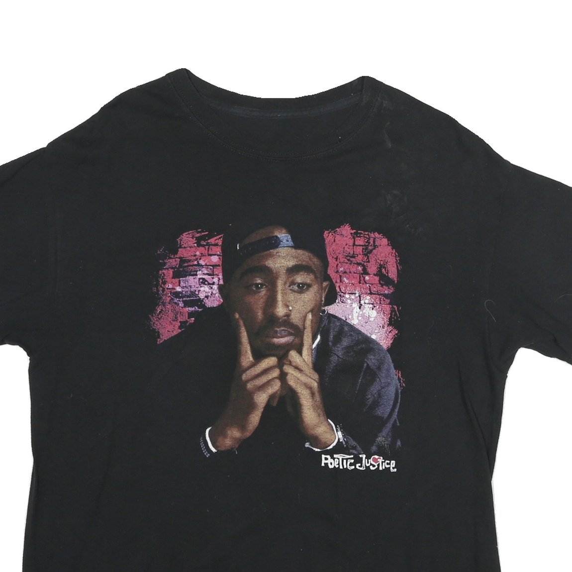 POETIC JUSTICE Mens Black Graphic T-Shirt L Short Sleeve Crew Neck Tupac Print