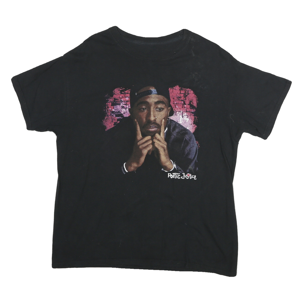 POETIC JUSTICE Mens Black Graphic T-Shirt L Short Sleeve Crew Neck Tupac Print