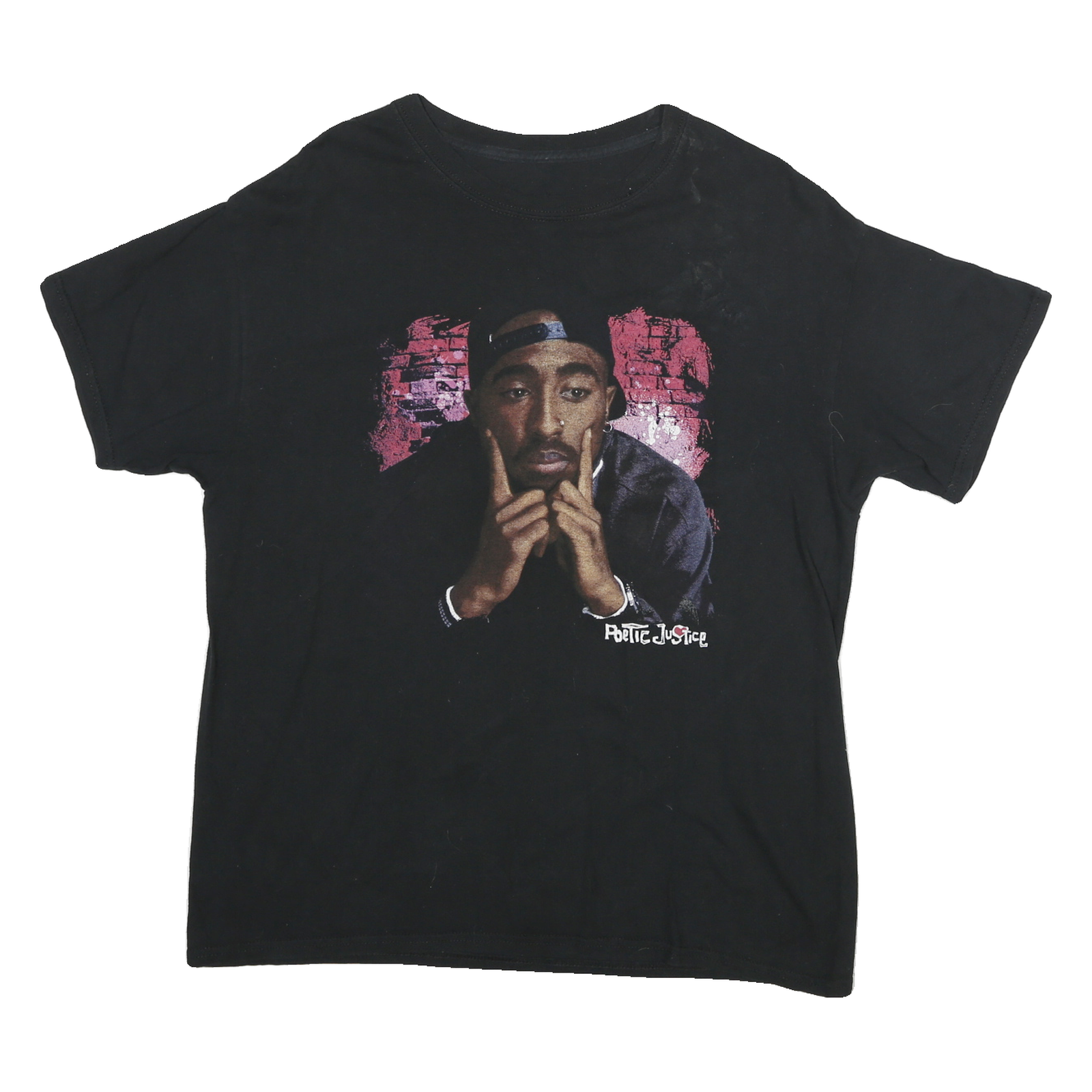 POETIC JUSTICE Mens Black Graphic T-Shirt L Short Sleeve Crew Neck Tupac Print