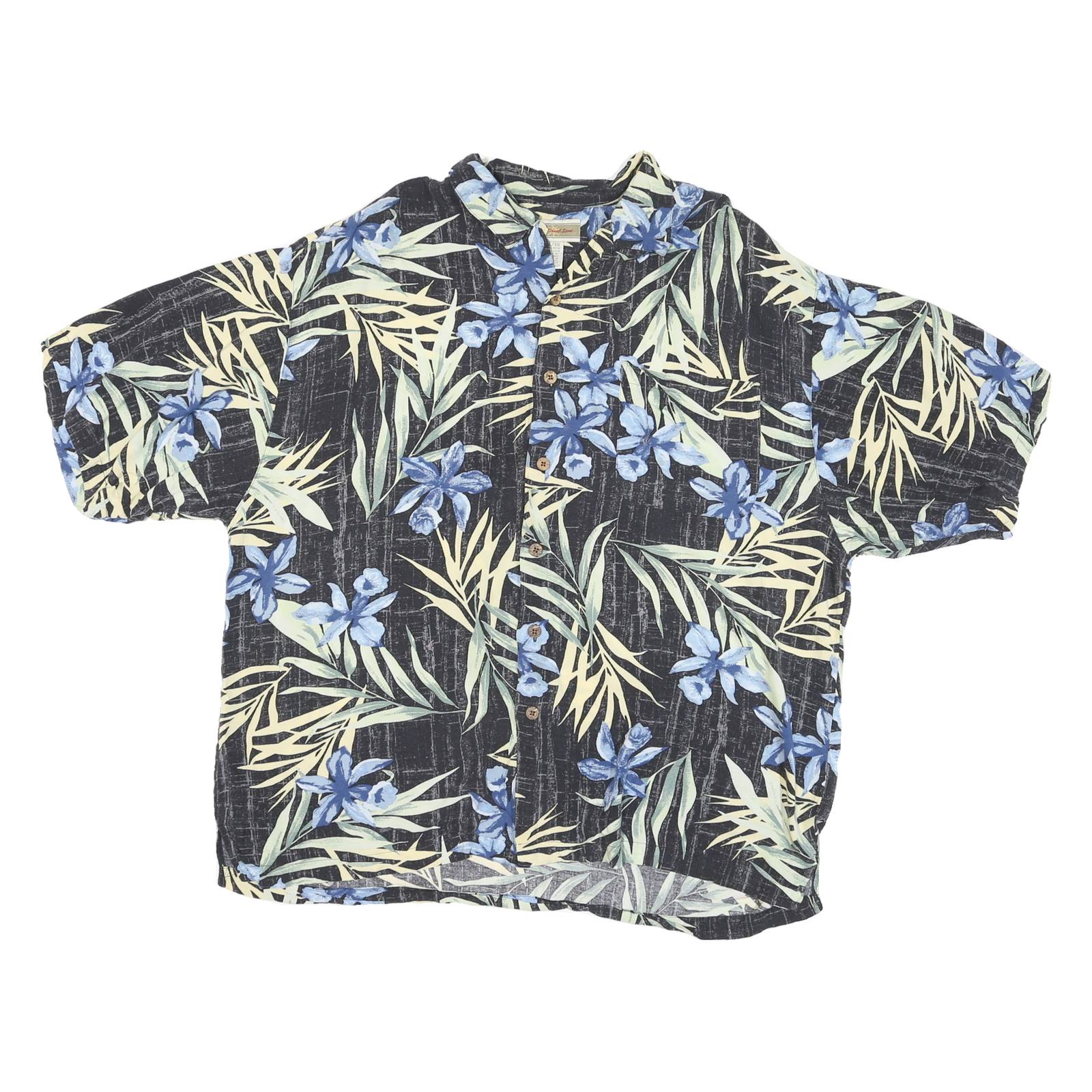 ORIGINAL ISLAND SPORT Mens Black & Blue Hawaiian Shirt XL Rayon Floral Leaf
