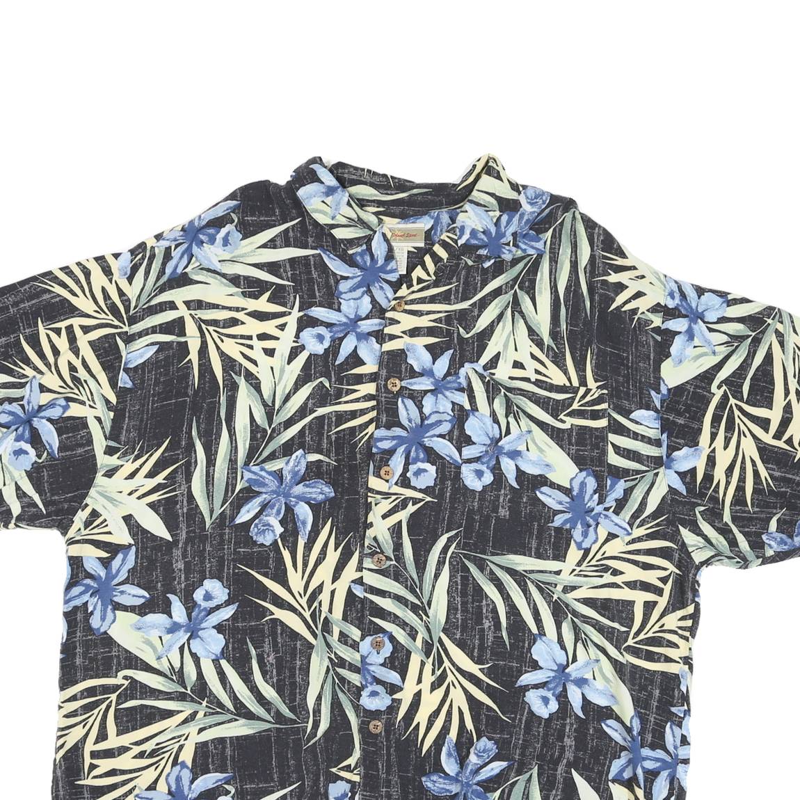 ORIGINAL ISLAND SPORT Mens Black & Blue Hawaiian Shirt XL Rayon Floral Leaf