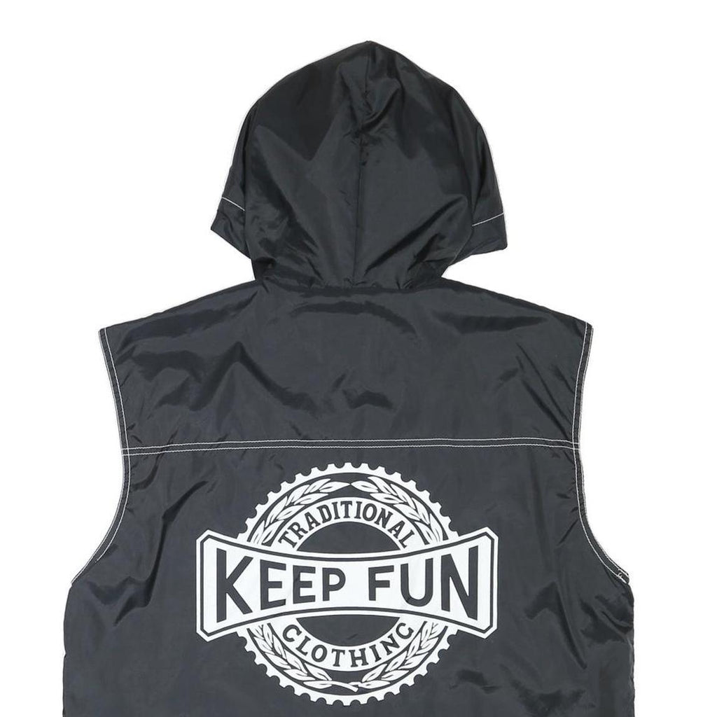 KEEP FUN Mens Black Sleeveless Hooded Jacket L Polyester Blend Logo Streetwear