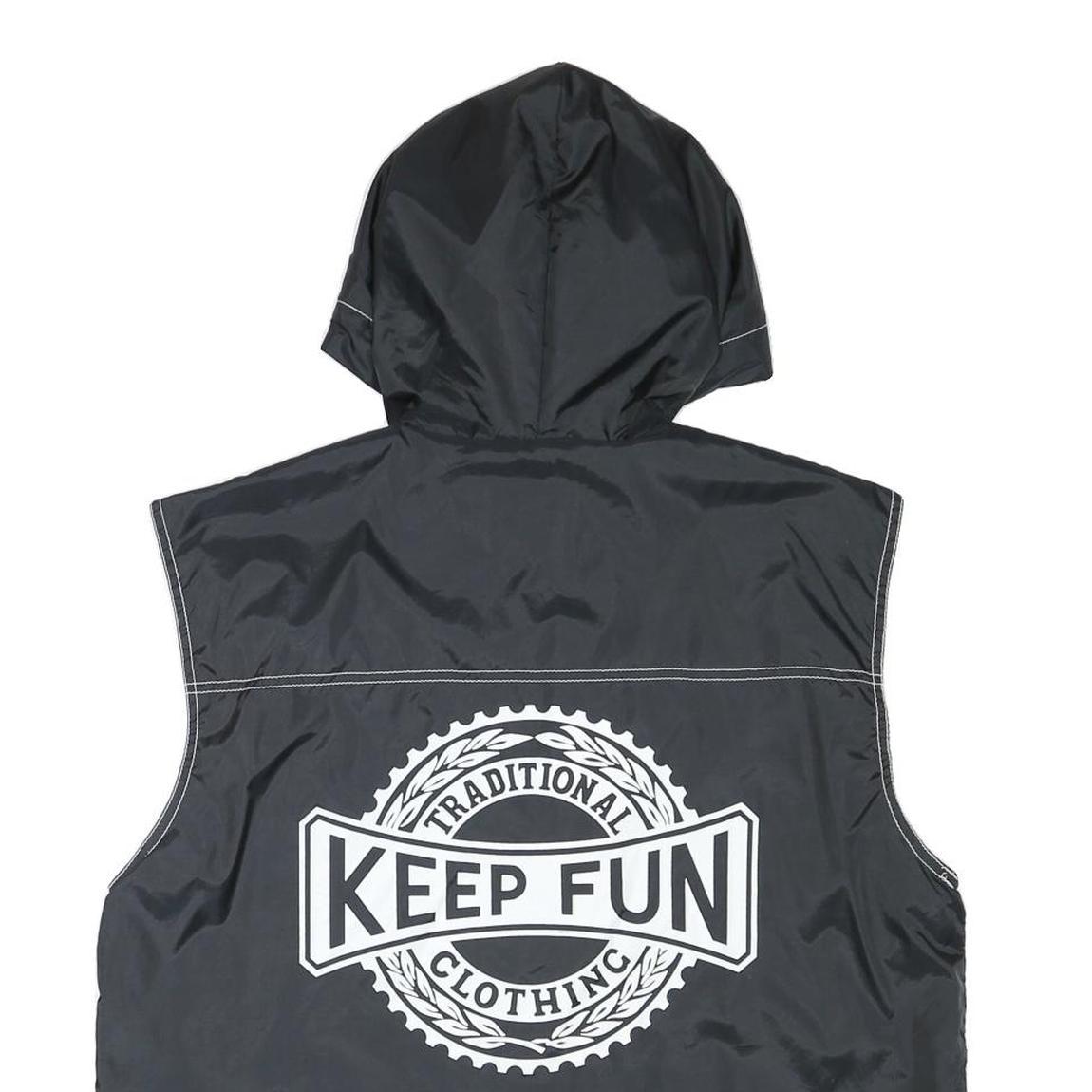 KEEP FUN Mens Black Sleeveless Hooded Jacket L Polyester Blend Logo Streetwear